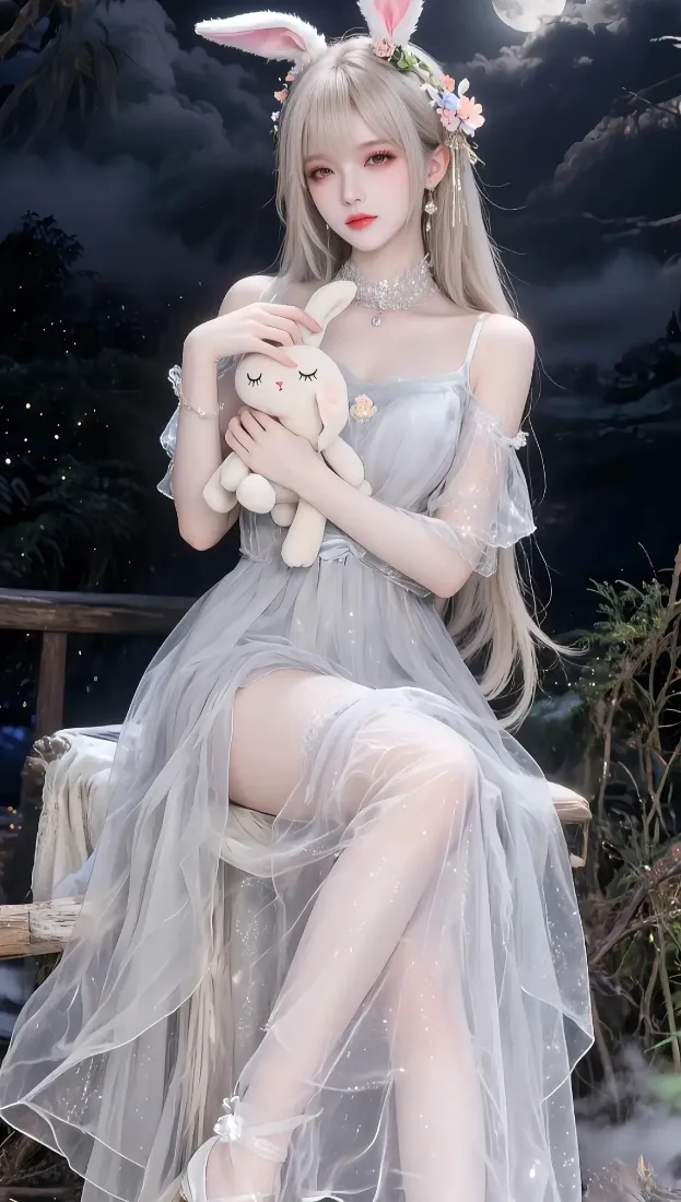 兔耳美女手机壁纸｜夜晚背景图片 - 灰色纱裙抱兔「哲风壁纸」