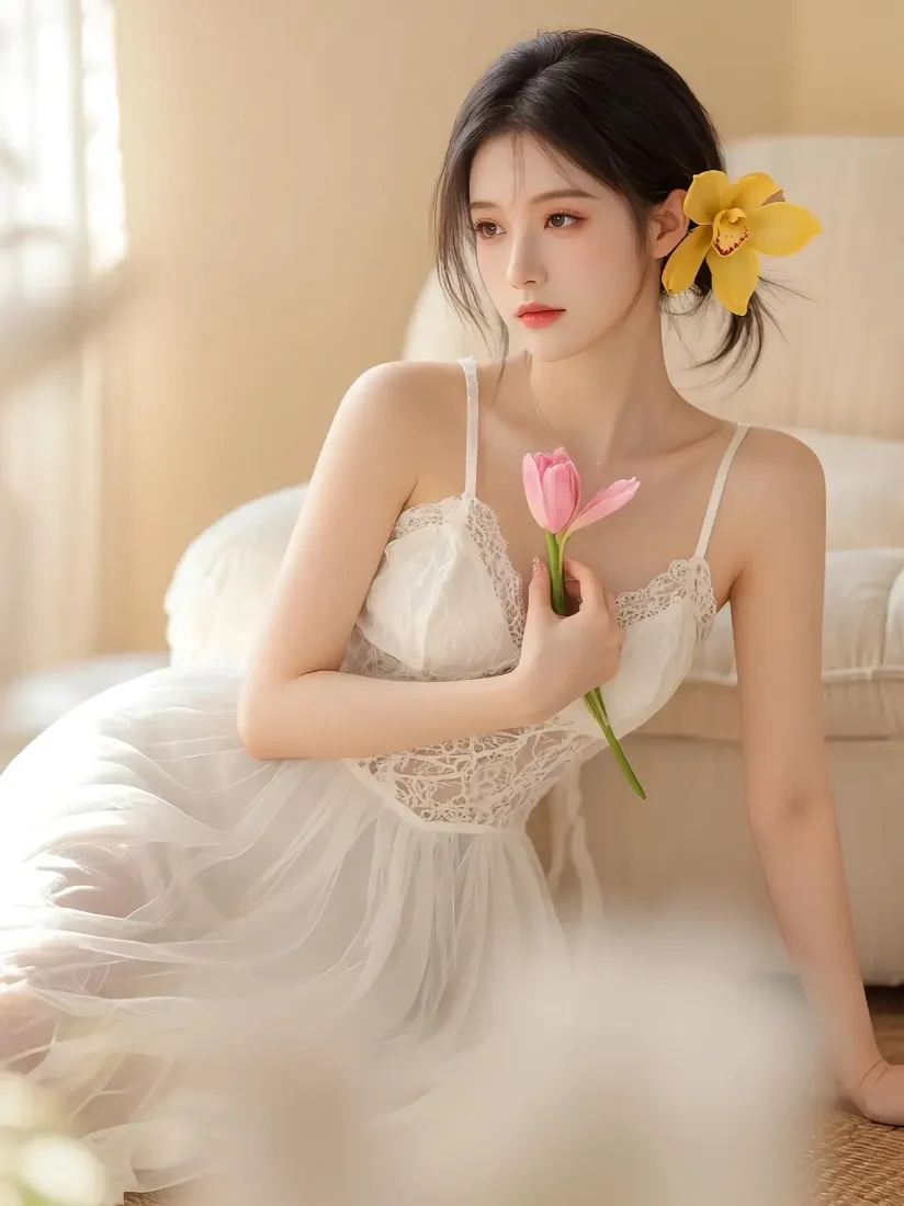 白衣美女手机壁纸｜室内背景图片 - 花饰「哲风壁纸」