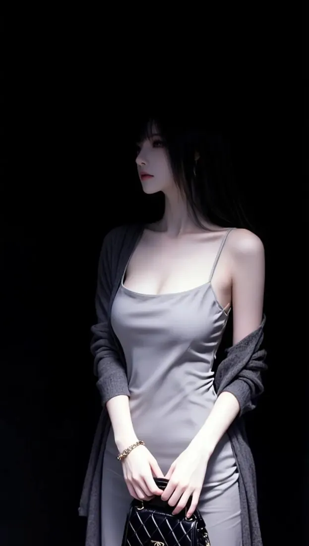 美女手机壁纸｜黑色背景图片 - 灰色连衣裙性感「哲风壁纸」