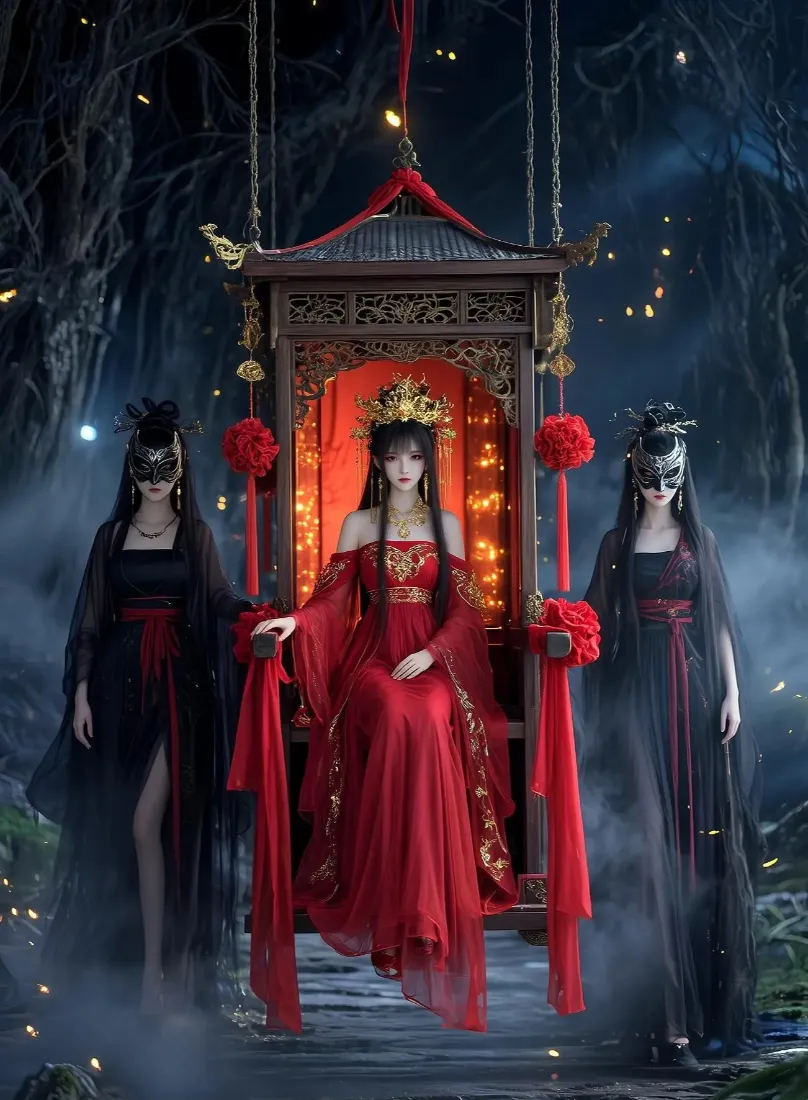 红衣古装美女手机壁纸｜黑夜森林背景图片 - 秋千「哲风壁纸」