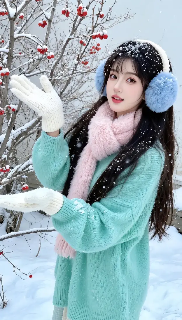 可爱女孩雪景手机壁纸｜冬日背景图片 - 绿毛衣粉围巾「哲风壁纸」