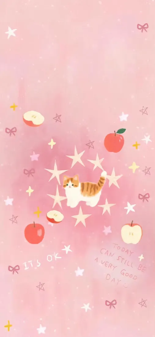 卡通小猫苹果手机壁纸｜粉色背景 - 星星爱心「哲风壁纸」