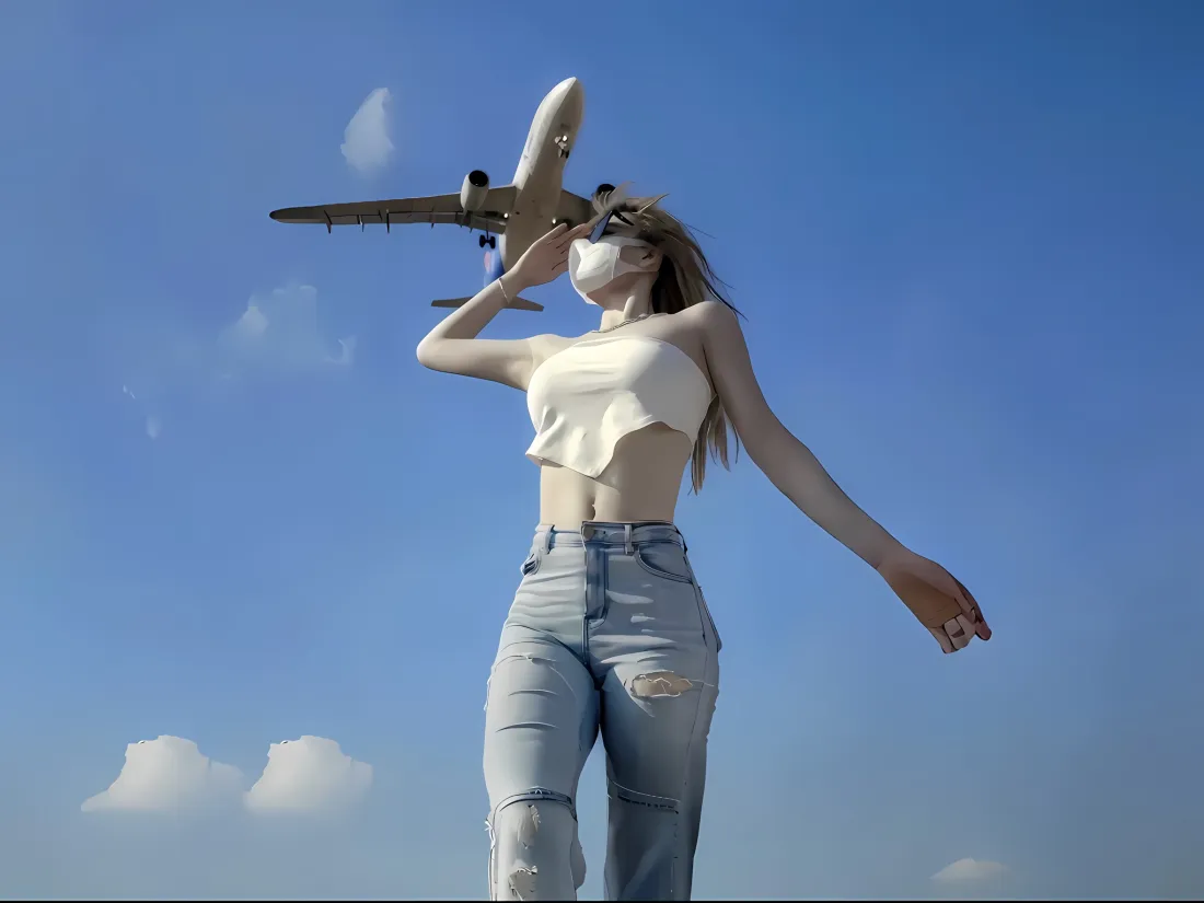 2k白色上衣美女壁纸｜蓝天飞机背景图片 - 破洞牛仔裤「哲风壁纸」