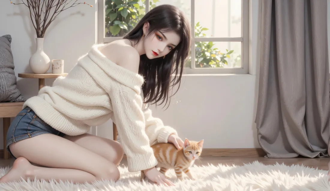 8k女生橘猫壁纸｜室内居家背景图片 - 露肩毛衣牛仔短裤「哲风壁纸」