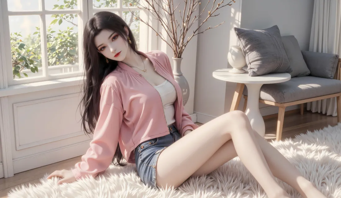 8k长发美女壁纸｜室内家居背景 - 粉色外套牛仔短裤「哲风壁纸」