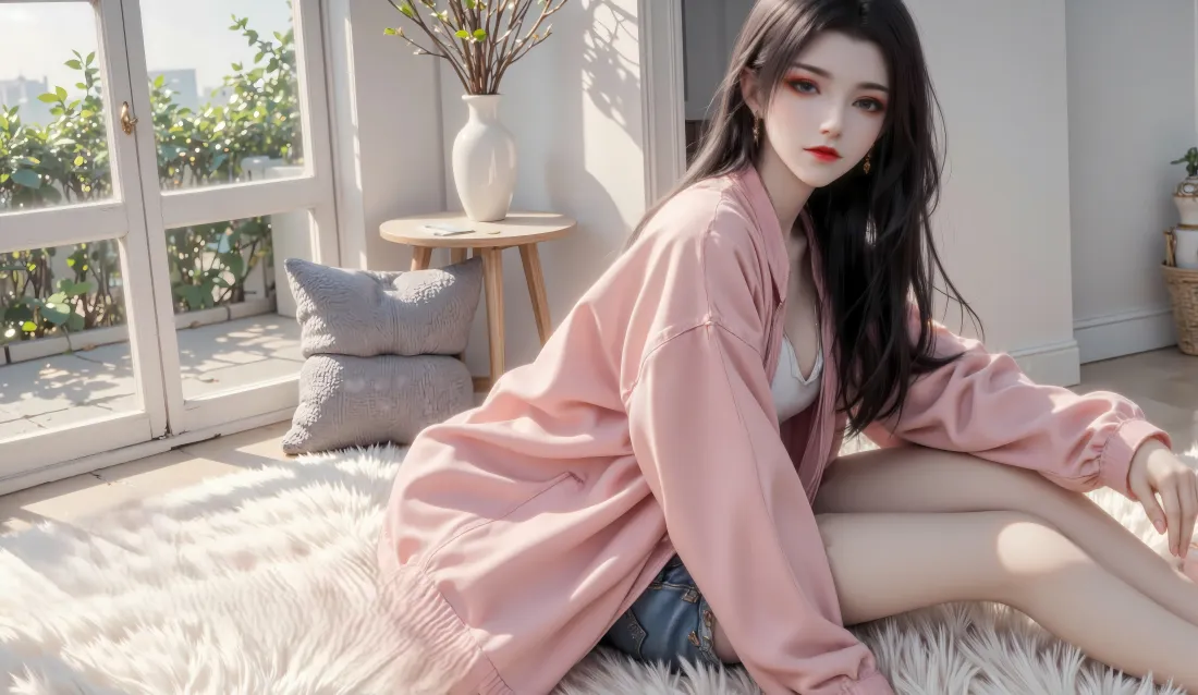 8k美女壁纸｜室内背景图 - 粉色外套居家「哲风壁纸」
