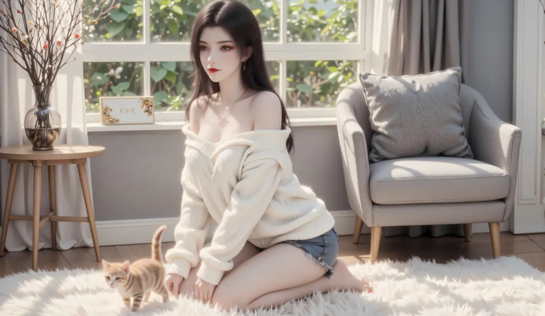 8k女生与小猫壁纸｜居家背景图片 - 沙发 毛绒地毯「哲风壁纸」