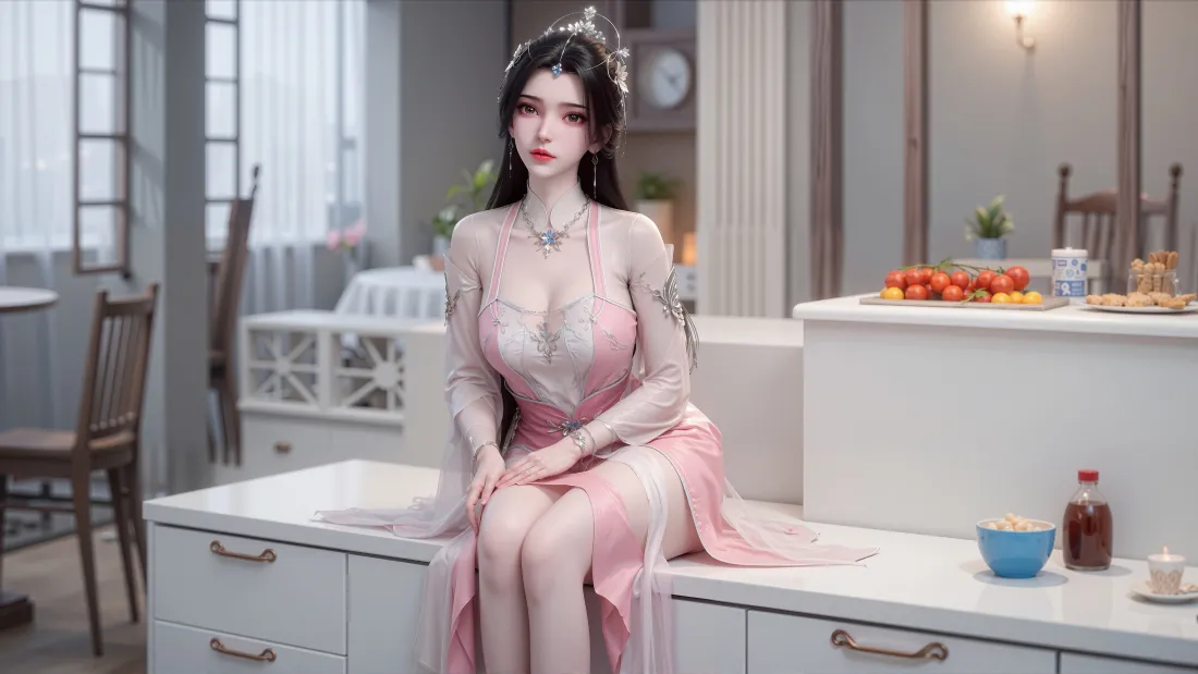 3k粉色长裙美女壁纸｜室内背景图 - 优雅迷人气质「哲风壁纸」