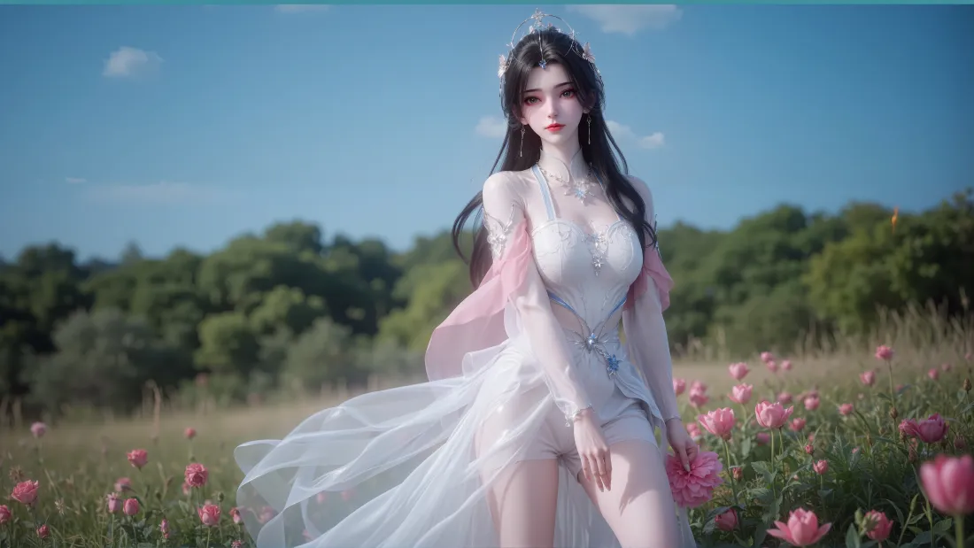 3k李慕婉壁纸｜草地花丛蓝天背景 - 仙逆古风「哲风壁纸」