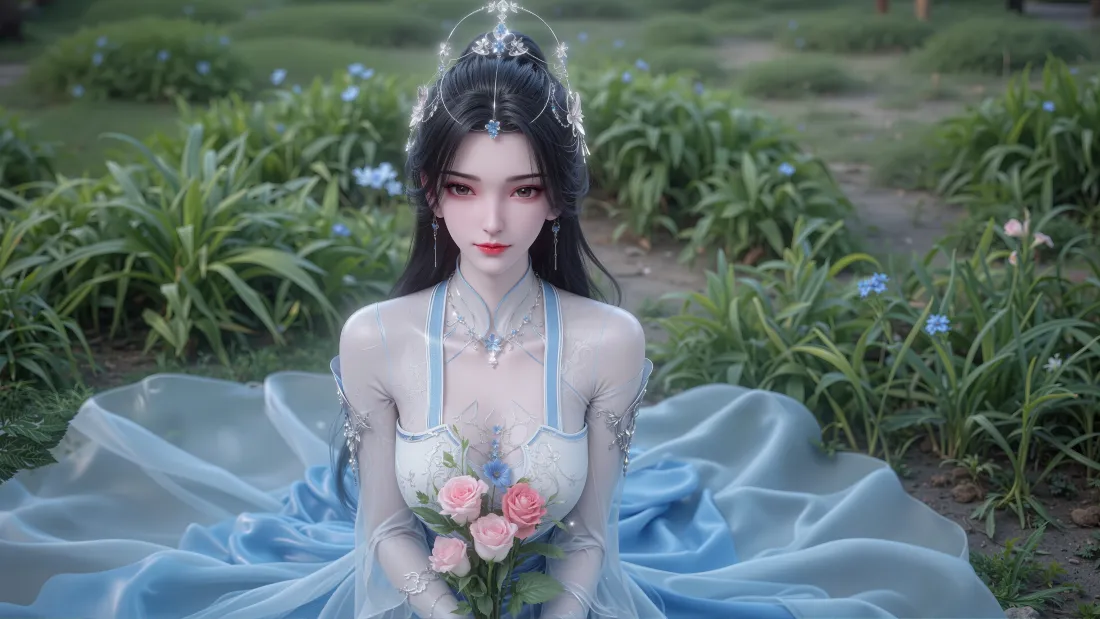 3k李慕婉壁纸｜草地背景图片 - 蓝色纱裙花束「哲风壁纸」