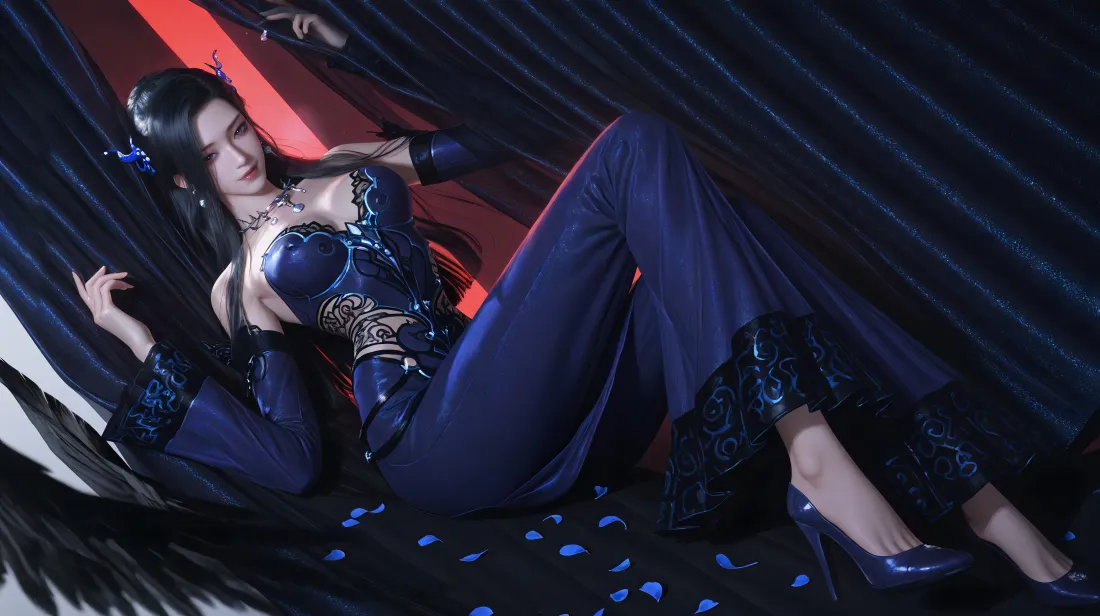 6k潮妖女壁纸｜天九行歌背景图片 - 蓝装性感妖女「哲风壁纸」