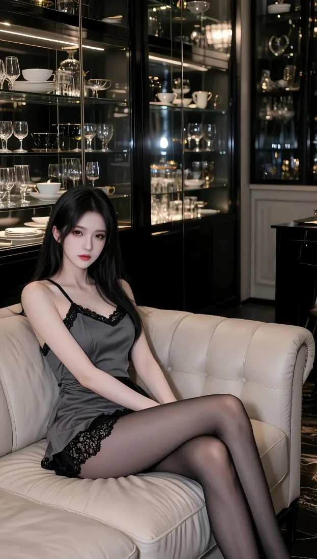 黑丝美女手机壁纸｜室内沙发背景 - 灰色吊带裙「哲风壁纸」