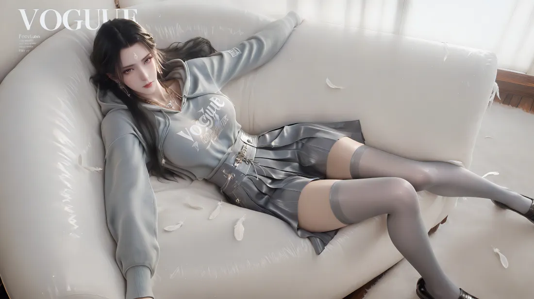 10k时尚女性壁纸｜白色沙发背景 - 银色裙黑丝「哲风壁纸」