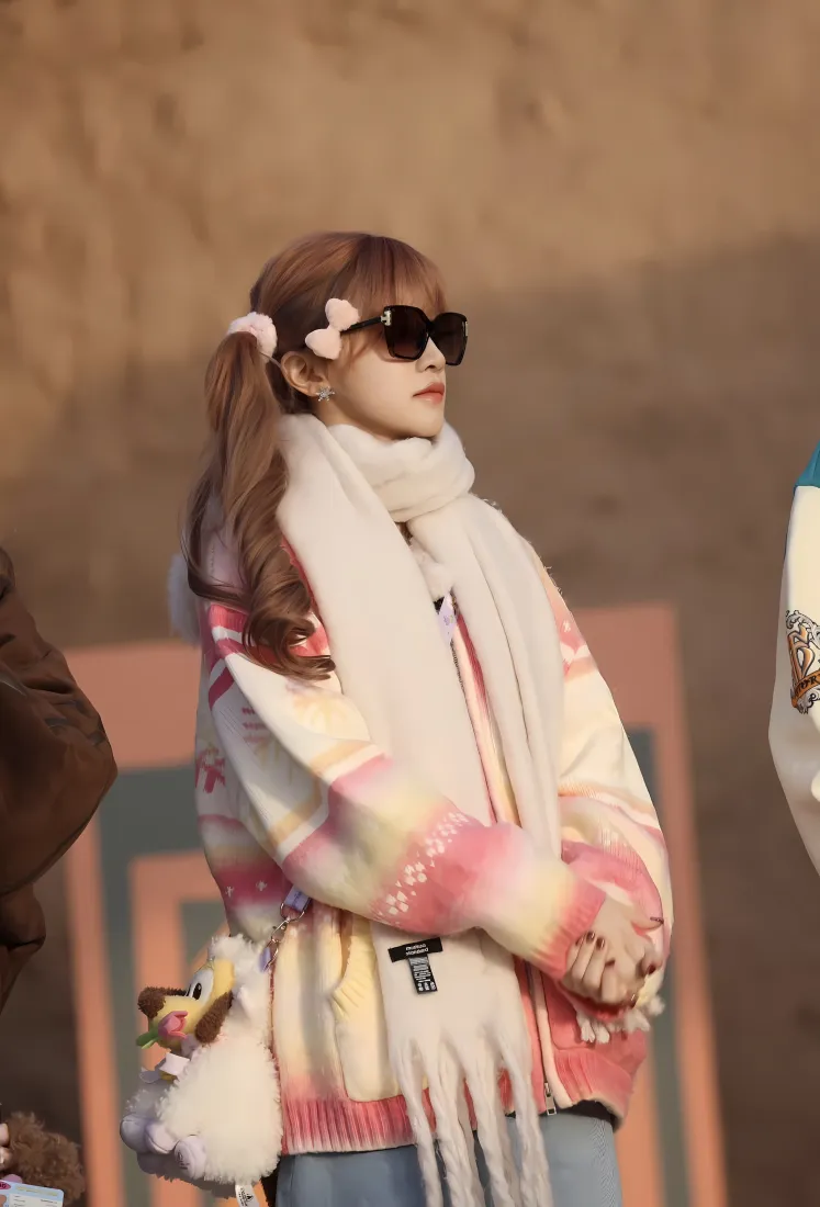 宋雨琦手机壁纸｜土黄色背景图片 - 侧马尾彩色毛衣「哲风壁纸」