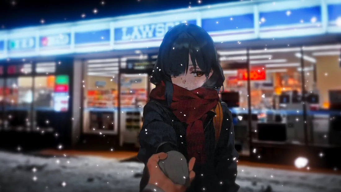 2k山田凉壁纸｜雪景便利店背景 - 红围巾下雪「哲风壁纸」