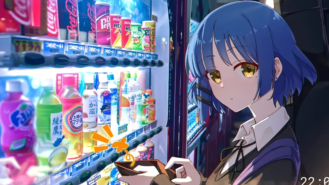 2k山田凉壁纸｜自动售货机饮料背景 - 蓝发校服少女「哲风壁纸」