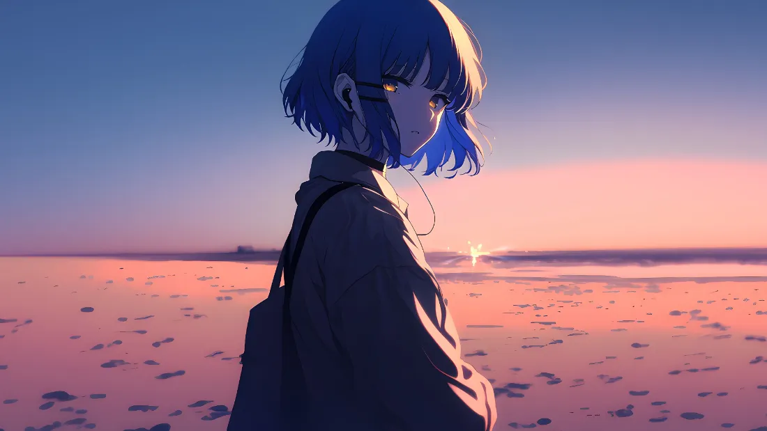 2k蓝发少女壁纸｜海滩日落背景图片 - 动漫二次元「哲风壁纸」