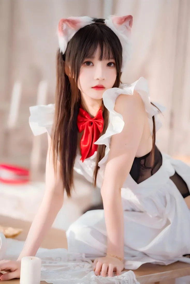 猫耳美女手机壁纸｜女仆装背景图 - 红色领结cosplay「哲风壁纸」