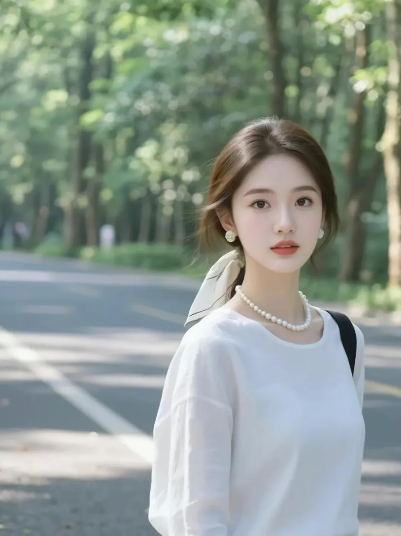 白衣美女手机壁纸｜林间道路背景图片 - 自然风景「哲风壁纸」