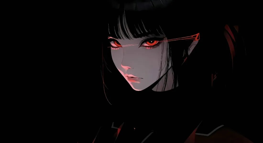 2k黑发红瞳动漫人物壁纸｜暗黑背景 - 神秘冷酷「哲风壁纸」