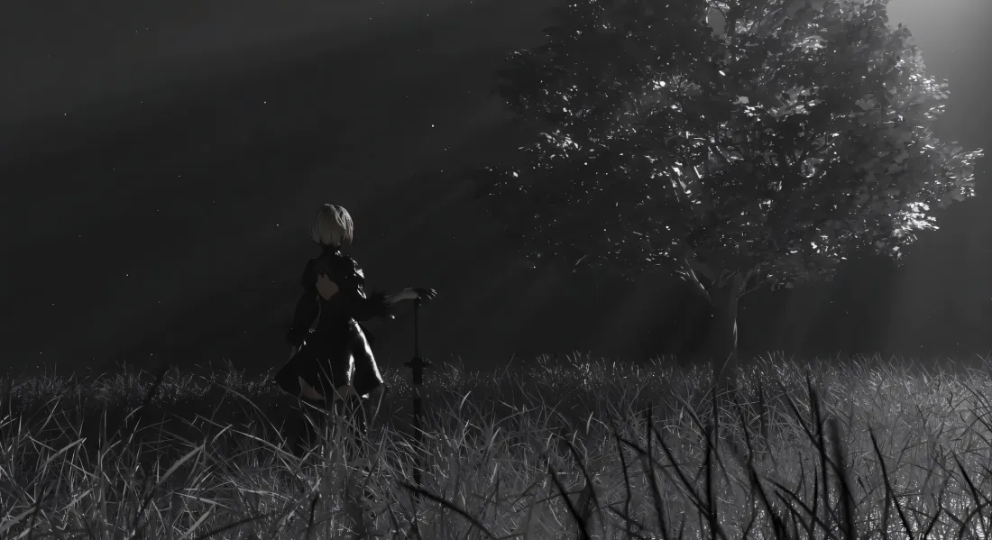 2k2B壁纸｜尼尔：机械纪元背景图 - 黑白草地树影「哲风壁纸」