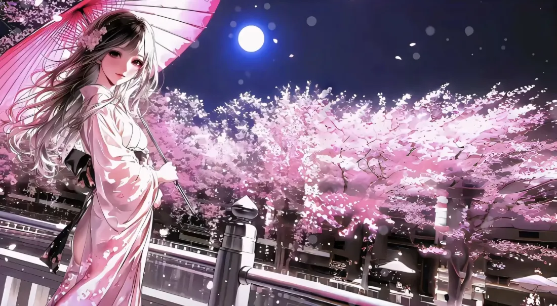 2k和服少女壁纸｜樱花树背景图片 - 月夜和风「哲风壁纸」