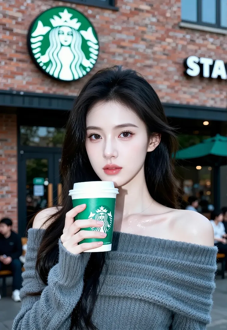 灰衣美女手机壁纸｜星巴克门店背景图片 - 星巴克咖啡「哲风壁纸」