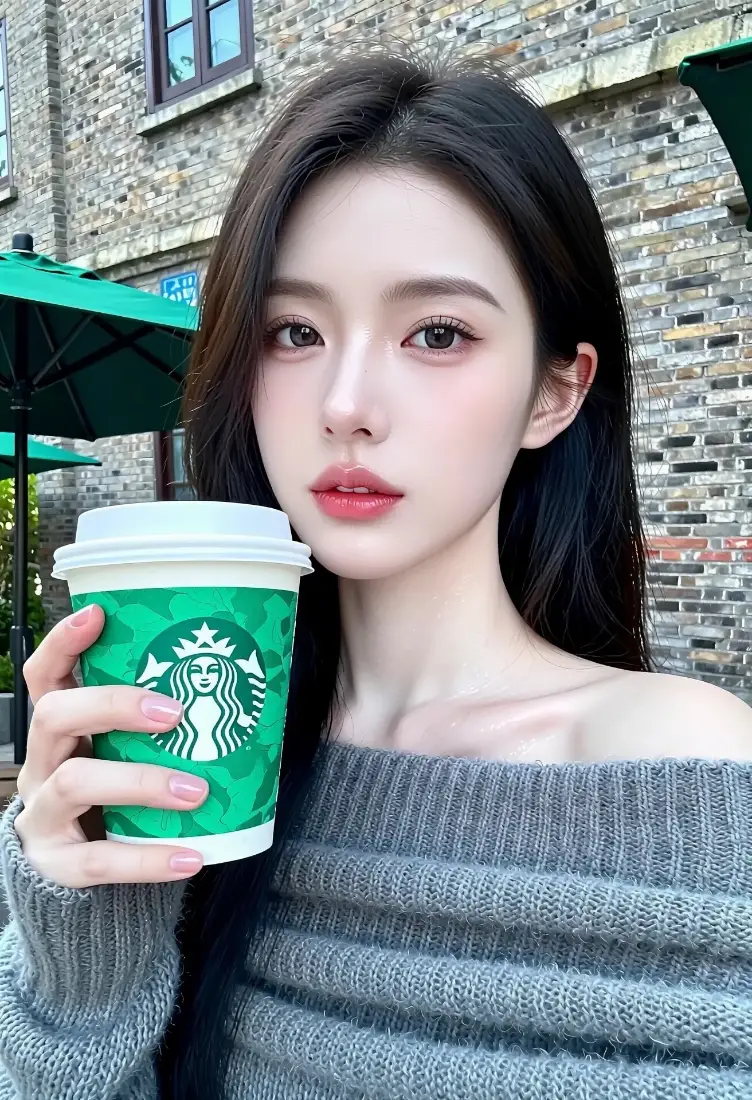 星巴克美女手机壁纸｜灰色毛衣背景图片 - 街拍「哲风壁纸」