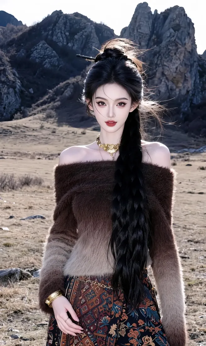 长发美女手机壁纸｜戈壁滩背景图片 - 棕色毛衣花裙「哲风壁纸」