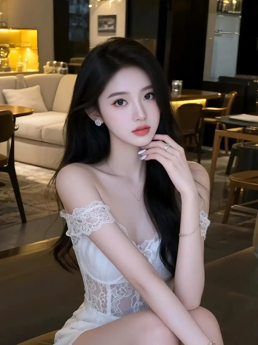 白衣美女手机壁纸｜咖啡馆背景图片 - 蕾丝裙「哲风壁纸」