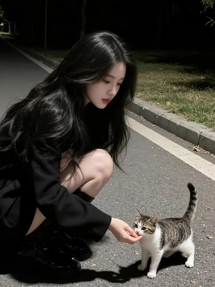 黑衣美女手机壁纸｜夜晚道路背景 - 喂猫小猫「哲风壁纸」