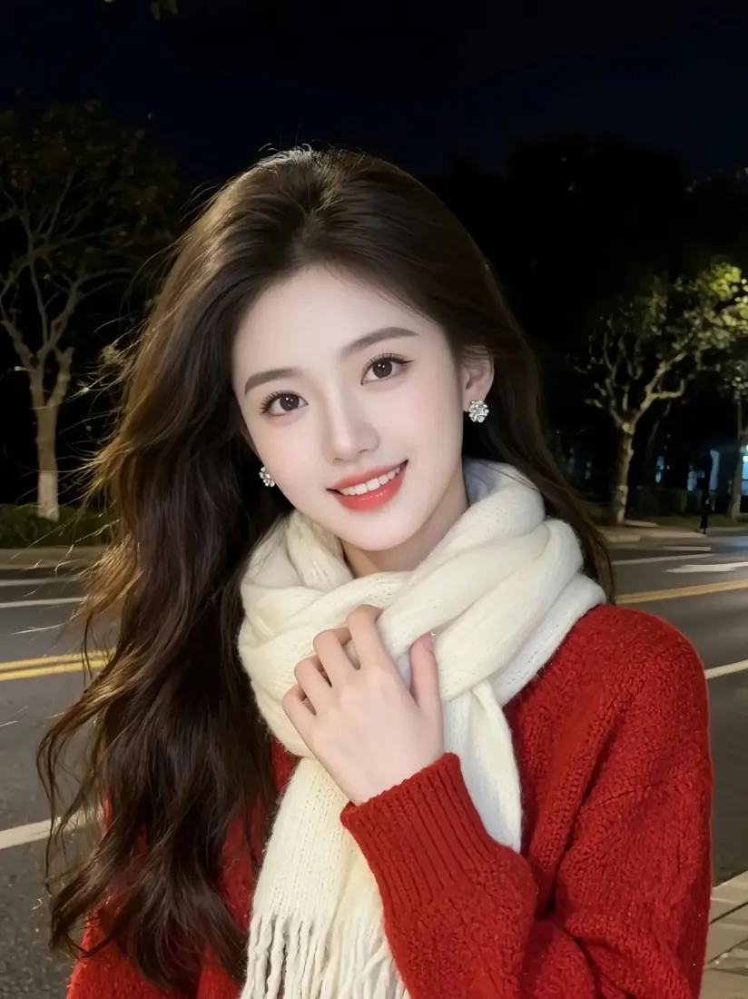 红衣美女手机壁纸｜夜晚户外背景图片 - 白色围巾长发微笑「哲风壁纸」