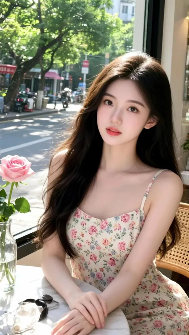 碎花裙美女手机壁纸｜街景背景图 - 玫瑰「哲风壁纸」