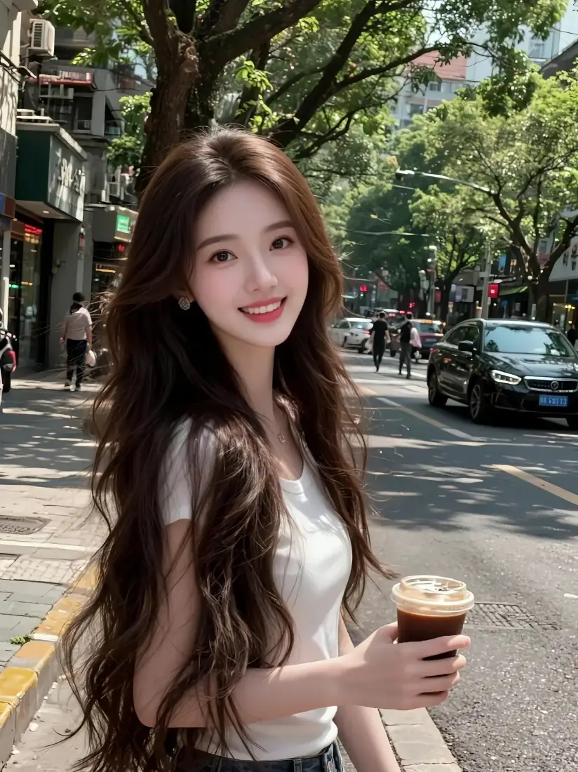 长发美女手机壁纸｜城市街道背景图片 - 手持咖啡「哲风壁纸」