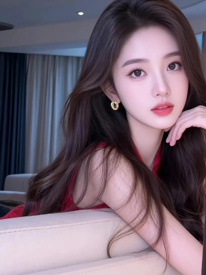 红衣美女手机壁纸｜室内现代家居背景 - 长发红唇妆容「哲风壁纸」