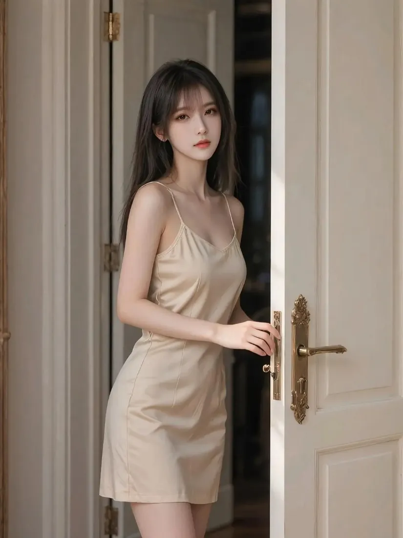 米色吊带裙美女手机壁纸｜室内门背景 - 气质居家「哲风壁纸」