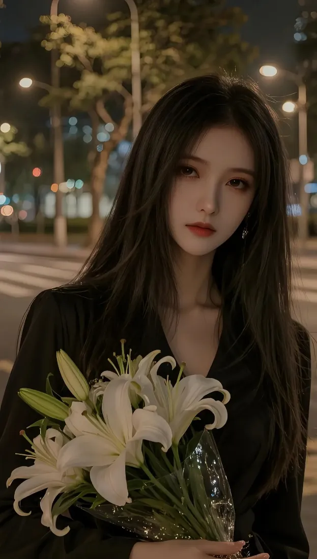 黑衣美女手机壁纸｜夜景背景图 - 白色百合都市「哲风壁纸」