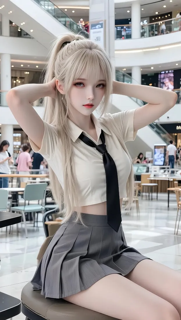 金发美女手机壁纸｜商场背景图片 - 校服穿搭「哲风壁纸」