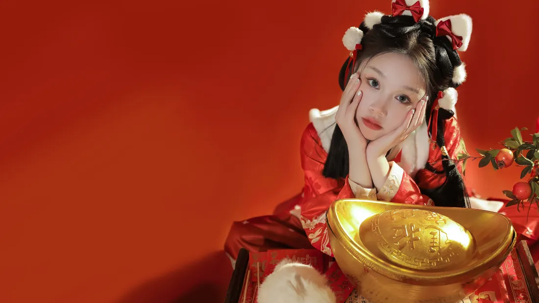 4k古风少女壁纸｜红色背景图片 - 新年祝福「哲风壁纸」