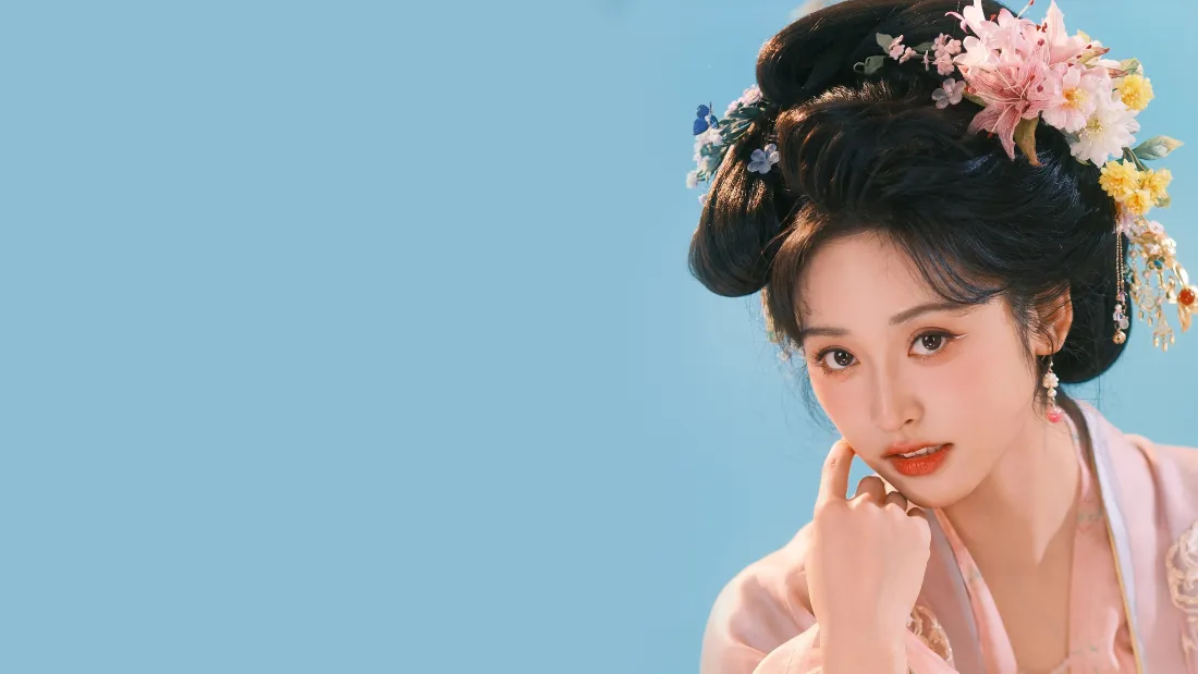 4k古装美女壁纸｜蓝色背景图片 - 簪花古风「哲风壁纸」