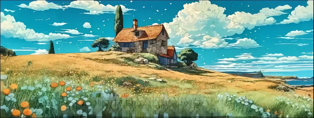 3k油画风小屋壁纸｜田野背景图片 - 蓝天花海「哲风壁纸」