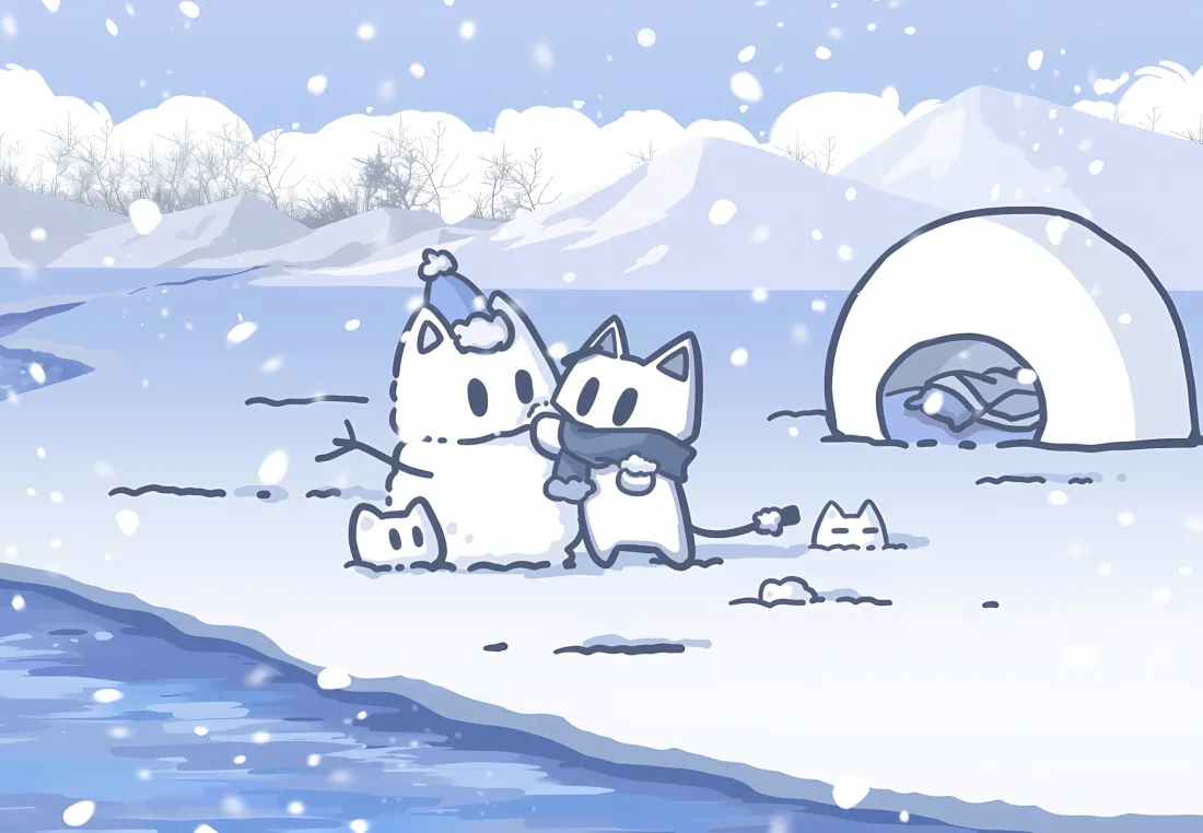 2k卡通猫壁纸｜雪地冰川背景 - 雪人冰屋河流「哲风壁纸」