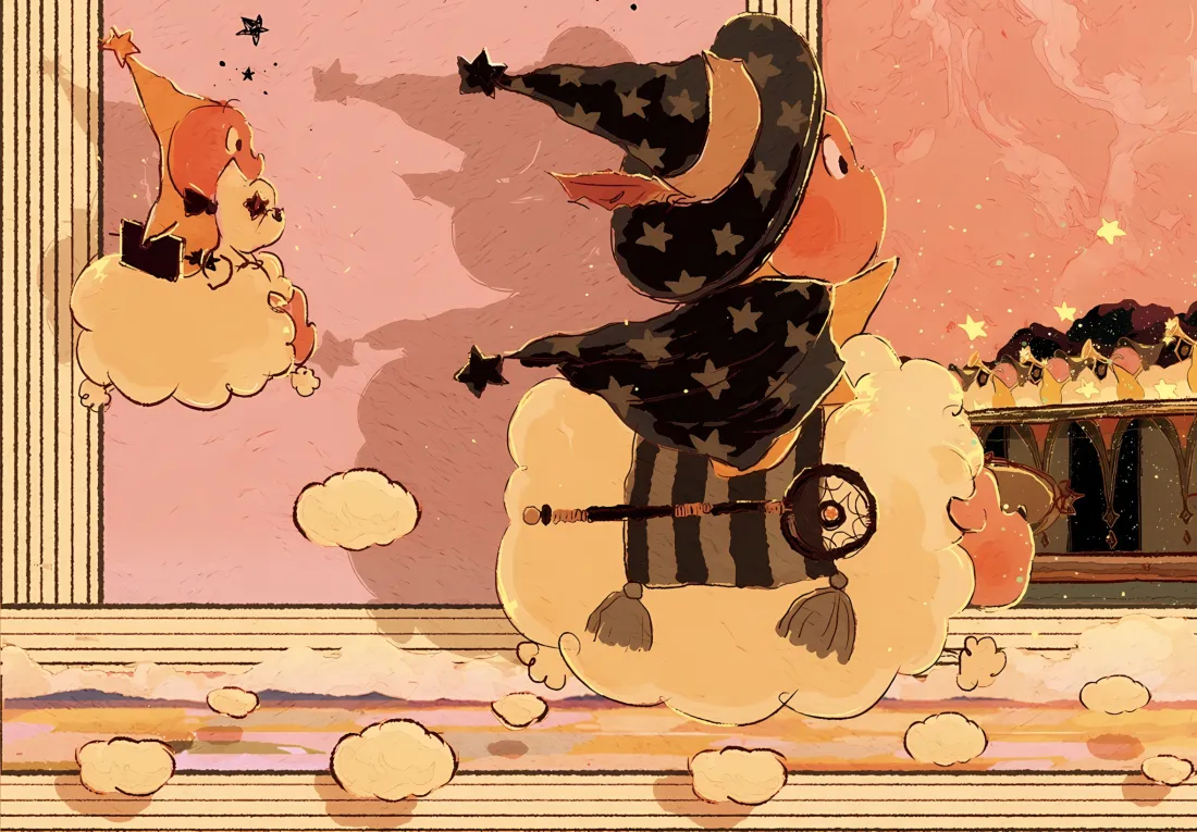 2k星星人壁纸｜粉色背景图片 - 魔法帽云朵城堡童话「哲风壁纸」