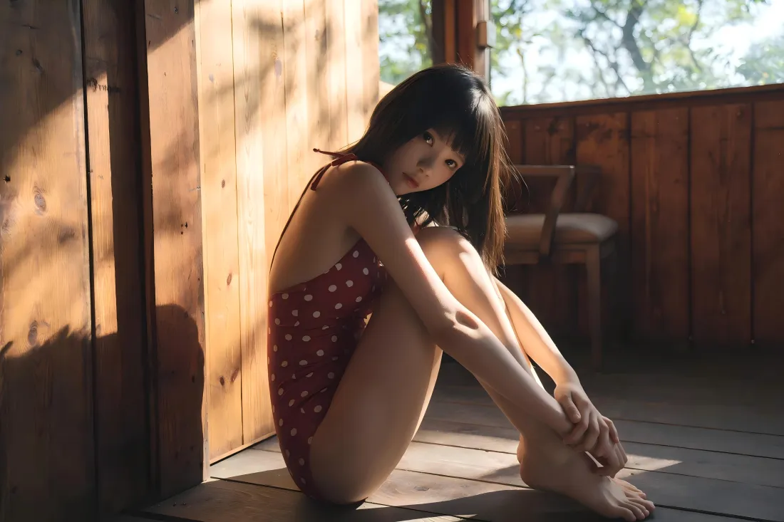 7k红色泳衣美女壁纸｜木质露台背景图片 - 阳光休闲「哲风壁纸」