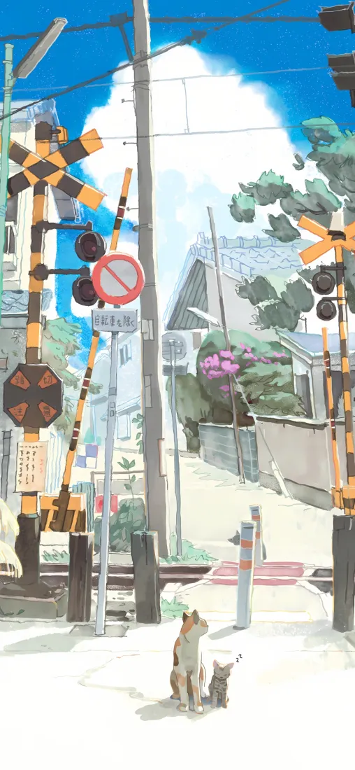 手绘小猫手机壁纸｜火车闸道背景图片 - 街道房屋晴天「哲风壁纸」