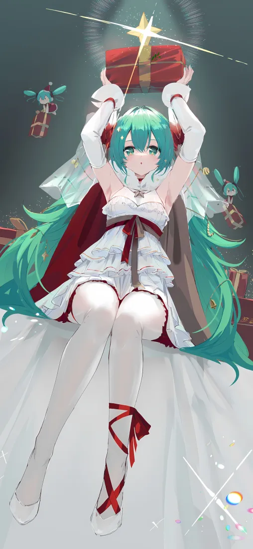 初音未来圣诞节手机壁纸｜飘带背景 - 白裙绿发「哲风壁纸」
