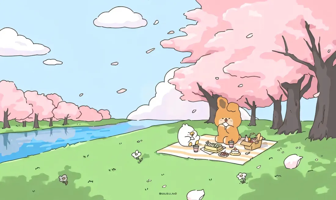 2k卡通小兔子壁纸｜樱花树背景 - 春日野餐「哲风壁纸」