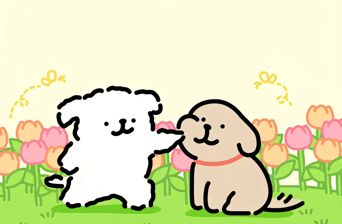 2k线条小狗壁纸｜郁金香草地背景 - 可爱卡通小狗「哲风壁纸」