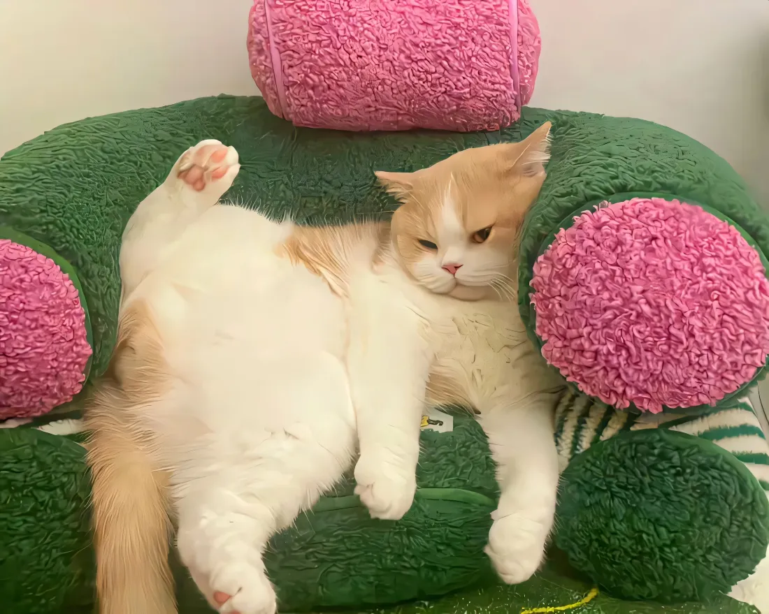 2k小猫壁纸｜可爱背景图片 - 搞怪绿色沙发粉色抱枕「哲风壁纸」