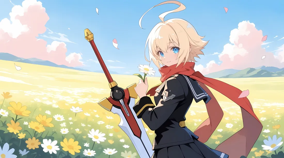 2k苍翼角色壁纸｜花海背景 - 红围巾剑少女「哲风壁纸」